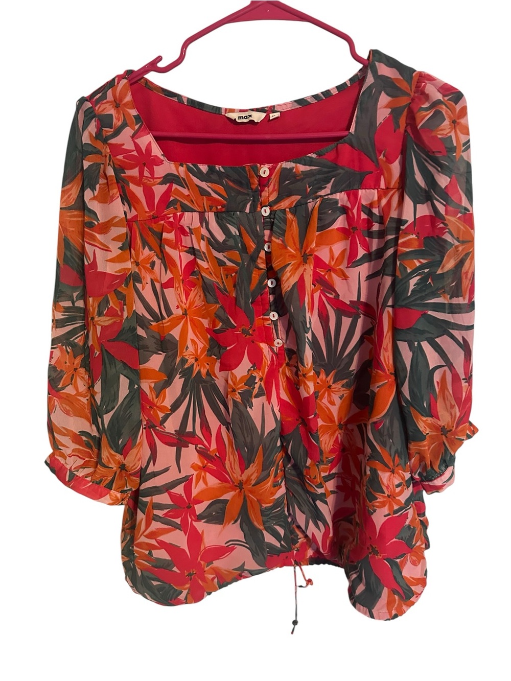 Max Studio Red-Orange Floral Square-Neck Blouse